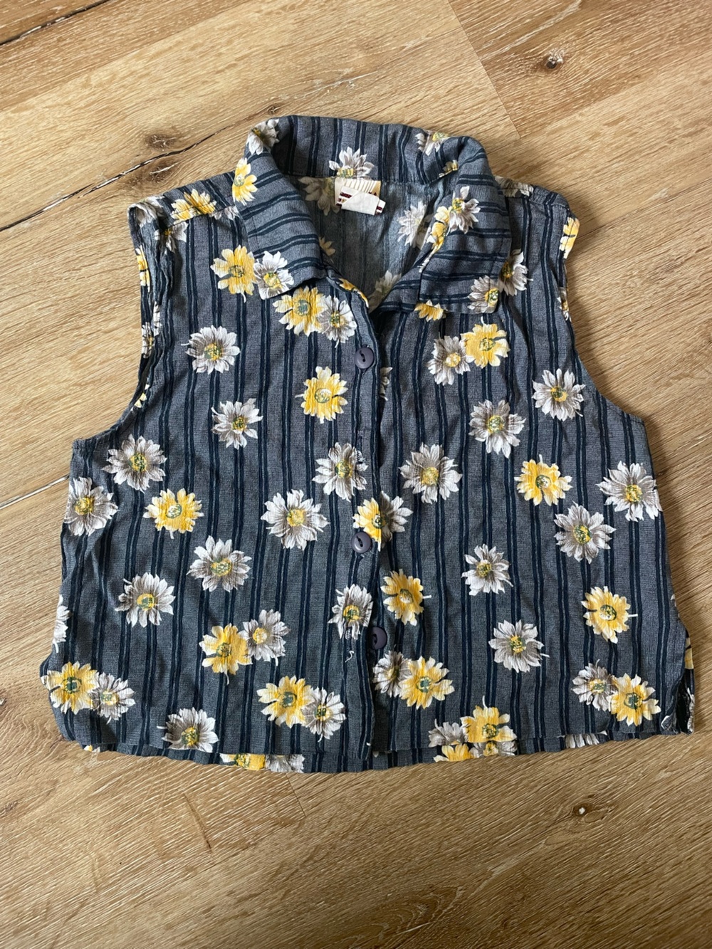 Girls' Navy Floral Button-Front Top with Yellow Daisies
